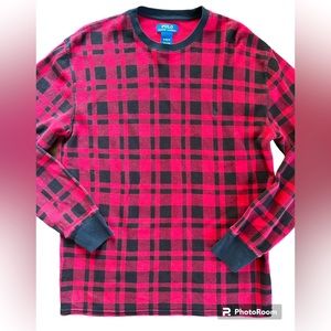 POLO RALPH LAUREN Thermal Shirt Men's Medium Red Black Plaid Pony Knit Size XL